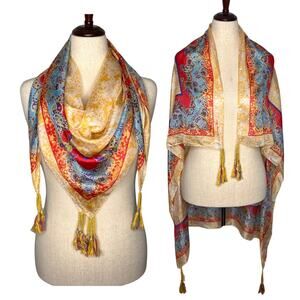 Johnny Was Silk Scarf Tassels Yellow Floral Paisley Border Square Boho 42x42